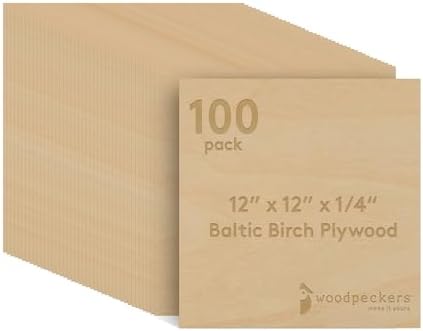 Baltic Birch Plywood, 6 mm 1/4 x 12 x 12 Inch Craft Wood, Box of 100 B/BB Grade Baltic Birch Sheets, Perfect for Laser, CNC Cutting and Wood Burning, by Woodpeckers