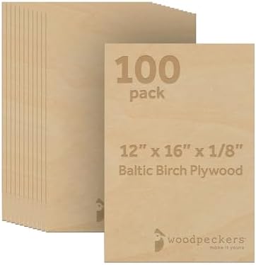 3 mm Baltic Birch Plywood 1/8 x 12 x 16 Inch, Box of 100 B/BB Grade Craft Wood, Stronger Than Basswood Sheets, for Laser, CNC Cutting and Wood Burning, by Woodpeckers