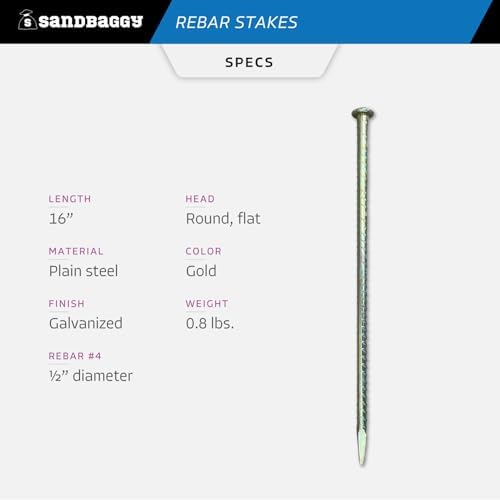 Sandbaggy 16" Galvanized Steel Rebar Stakes with Nail Head - Garden Stakes (#4 Rebar - 1/2" Diameter) - l-Shape - Ground Stake, Pins, Landscaping Spikes, Construction (1200, Count)