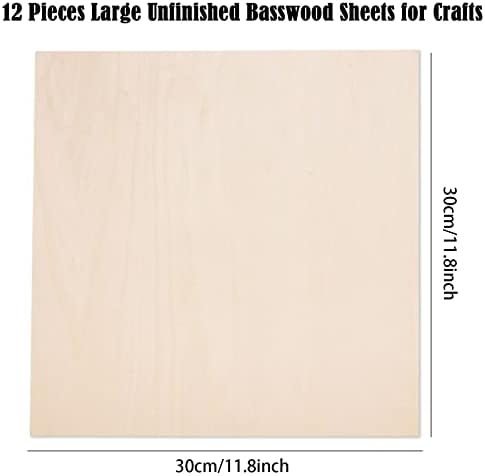 12 Pack Basswood Sheets for Crafts-12 x 12 x 1/8 Inch- 3mm Thick Plywood Sheets with Smooth Surfaces-Unfinished Squares Wood Boards for Laser Cutting, Wood Burning, Architectural Models, Staining