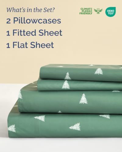 Christmas Sheet Set, Sage Pine Trees, Holiday Xmas Bedding Set - Queen Size