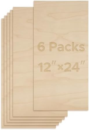 OMTech 6 Pack Birch Plywood Sheets, 12x24 Inch Plywood Sheets for Crafts, 1/8" Thick Wood for Laser Cutting Engraving, Unfinished Wood Boards for DIY Projects Drawing Painting