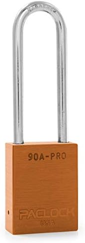 PACLOCK's 90A-PRO Padlock, 1/4" Diameter Hard. Steel Shackle, 3" Tall, High Performance 7-Pin Cylinder w/ 1 Key, Keyed Differently, Orange