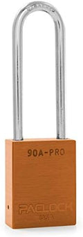 PACLOCK's 90A-PRO Padlock, 1/4" Diameter Hard. Steel Shackle, 3" Tall, High Performance 7-Pin Cylinder w/ 1 Key, Keyed Differently, Orange