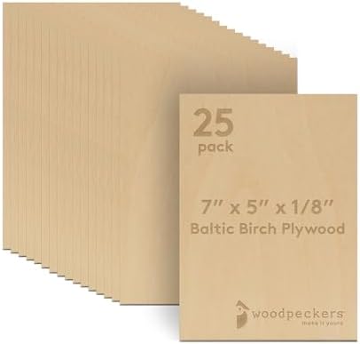 3 mm Baltic Birch Plywood 1/8 x 5 x 7 Inch, Box of 25 B/BB Grade Craft Wood, Stronger Than Basswood Sheets, for Laser, CNC Cutting and Wood Burning, by Woodpeckers