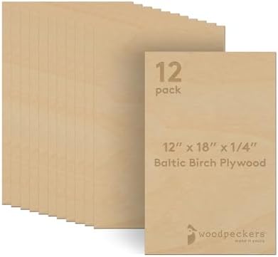 6 mm Baltic Birch Plywood 1/4 x 12 x 18 Inch, Box of 12 B/BB Grade Craft Wood, Stronger Than Basswood Sheets, for Laser, CNC Cutting and Wood Burning, by Woodpeckers