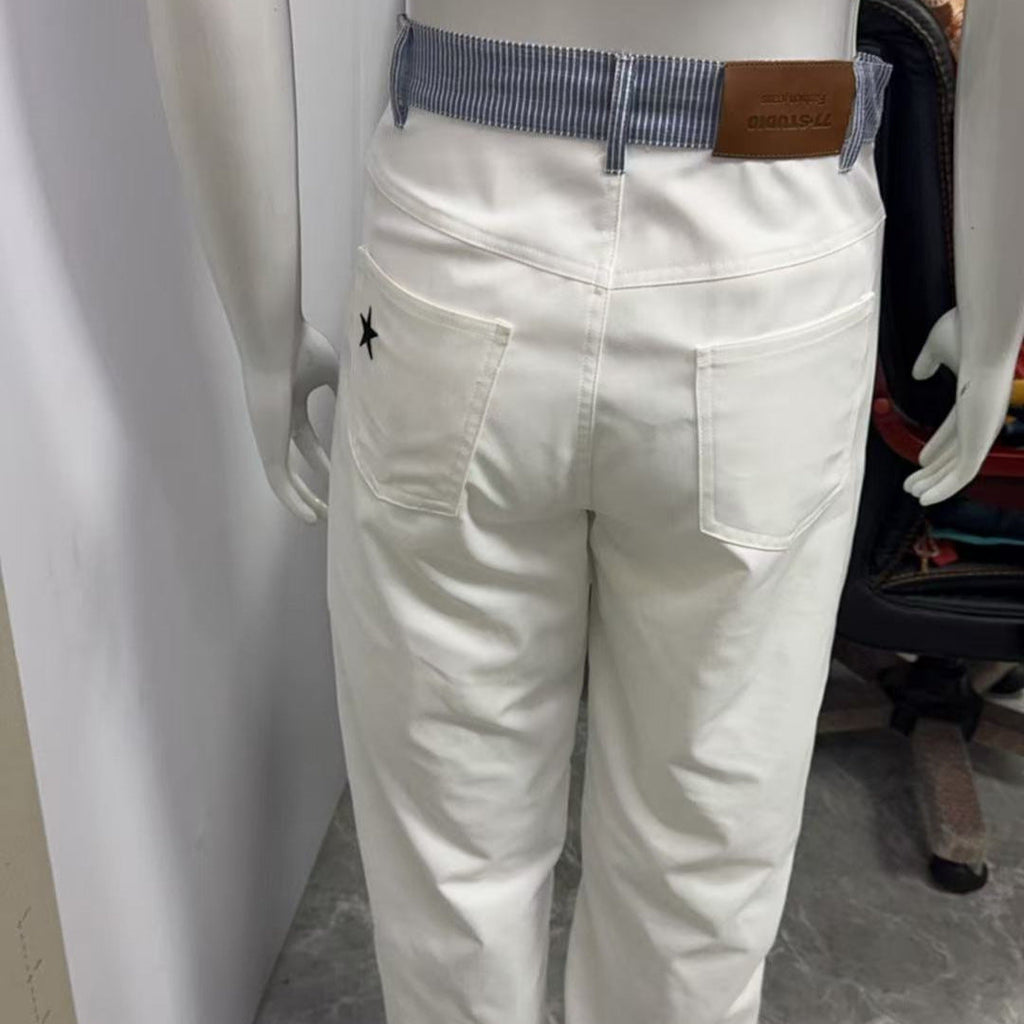 Contrast Color Letter Ribbon Decorative Straight Stitching Jeans