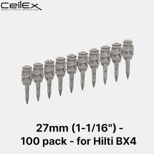 100x Collated Concrete Nails 1-1/16 Inch (27mm) for Hilti BX 4 (BX4) Cordless Concrete Nailer, B4 MX Collated Strip, Full Round Head Hardened Steel Pins for Metal Track, Drywall & Concrete