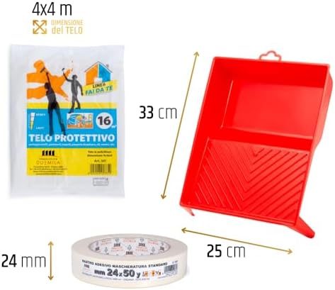 2000 | Professional Painting Kit Consisting of Large Roller and Small Roller, 3 Brushes, Plastic Tray, Paper Tape for Masking, Protective Cover 4 x 4 m – Made in Italy