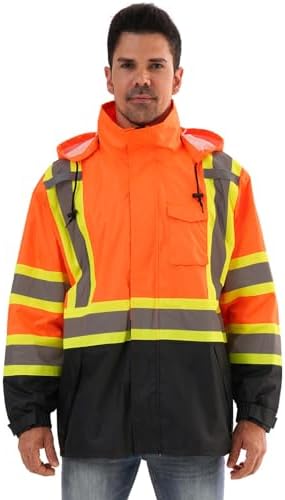 Reflective Rain jackets for men waterproof,Hi Vis Safety Coat With Reflective Strips，High Visibility Class 3 Rain jackets With 2 large pockets，Zipper,Orange,2XL/3XL