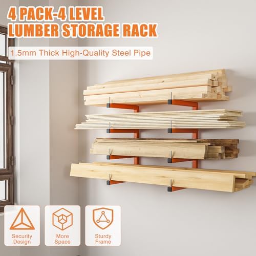 4-Pack Lumber Storage Rack, Wood Storage Racks Wall Mount, Heavy Duty Garage Wood Organizer With 8-Level System, Orange Utility Rack Organization Up 1600 Lbs, Metal Lumber Shelf for Indoor & Outdoor