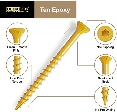 Deck Plus 2-1/2 Inch Epoxy Coated Exterior Wood and Fence Screws #10 x 2-1/2" Torx/Star Drive Included Coarse Thread, Outdoor Rust Resistant Decking Screw, Tan, 5 lb Box, 365 Pieces | 48416(Pack of 4)