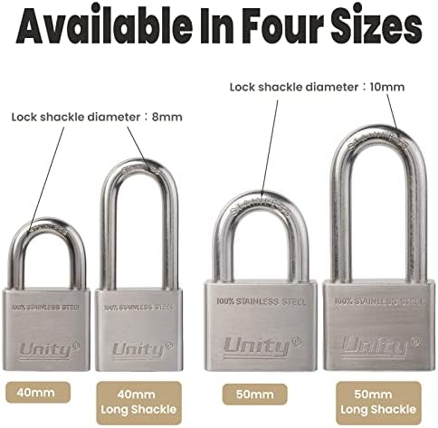 Unity Marine Padlock Keyed Alike 100% Stainless Steel Weatherproof for Sea, Boat, Port, Gate, Anti-Pick (5, 50mm Long Shackle)