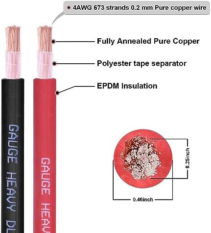 4 Gauge Battery Cable, 25FT Red + 25FT Black 4 AWG Pure Copper Wire Welding Cable, for Automotive, Battery, Solar and Generator, Standard USA OFC Wire