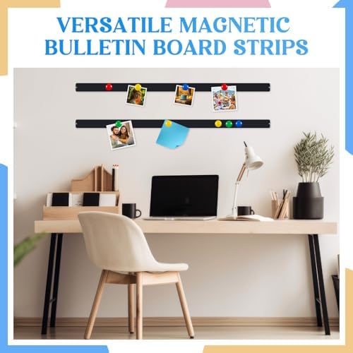 Mooliwe 2 Pcs 48" x 2" Frameless Magnetic Bulletin Board Strip for Wall Stainless Iron Metal Bulletin Bar Board Memo Strip with 16 Magnets 4 Nails 4 Wall Anchors for School Office Home (Black)