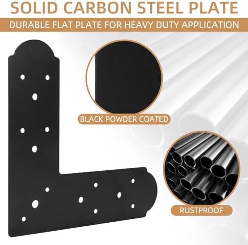 L Shape Steel Flat Bracket, 2 Pcs 10" X 10" Fixing Mending Plates, Black Repair Plate With Screws Set for Wood Lumber Timber Connectors