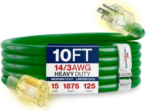 10ft Outdoor/Indoor Extension Cord 14/3 Gauge Heavy Duty 3 Prong SJTW, Waterproof, Flexible Cold-Resistant Long Power Cord,15A 125V 1875W, Green by LifeSupplyUSA