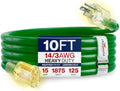 10ft Outdoor/Indoor Extension Cord 14/3 Gauge Heavy Duty 3 Prong SJTW, Waterproof, Flexible Cold-Resistant Long Power Cord,15A 125V 1875W, Green by LifeSupplyUSA