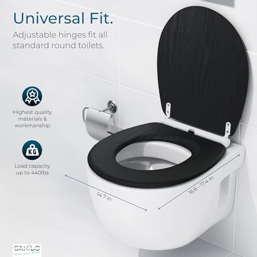 Sanilo Wooden Toilet Seat with Quick Release & Soft Close [ROUND] - Decorative & Slow Close Molded Wood Seat - With One Click for Easy Installation & Cleaning - With Adjustable Fit (Black Wood)
