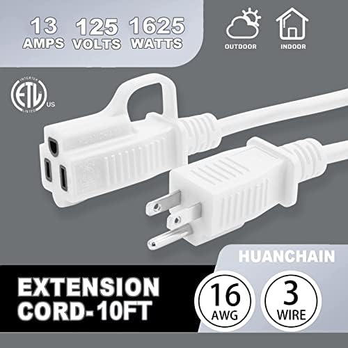 HUANCHAIN Indoor Outdoor White Extension Cord 10 FT Waterproof 16/3 Gauge