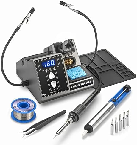 X-Tronic Model 3050-PRO-X Digital LED Soldering Iron Station with 2 Convenient Helping Hands, 1-30 Minute Sleep Function, C/F Programmable, Solder Roll Holder, Brass Tip Cleaner, Wet Sponge