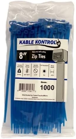 Kable Kontrol Cable Zip Ties, 8 Inch, 1000 Pcs, 50lbs Test, Blue | Nylon Plastic, Self Locking, UL Listed, Indoor Use