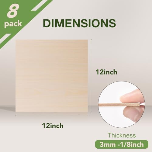 Rowood 8 Pack Maple Plywood 1/8,12x12x1/8inch,3mm Wood Sheets Thin Unfinished Maple Plywood for Laser Cutting and Engraving,DIY Adult Craft Project Kits for Ornaments, Models Drawing,Wood Burning