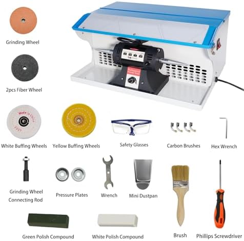 110V 1200W Jewelry Polisher Machine, Jewelry Polisher Bench Buffer with Integrated Dust Collector, Exhaust Fan, Work Light and Motor Housing