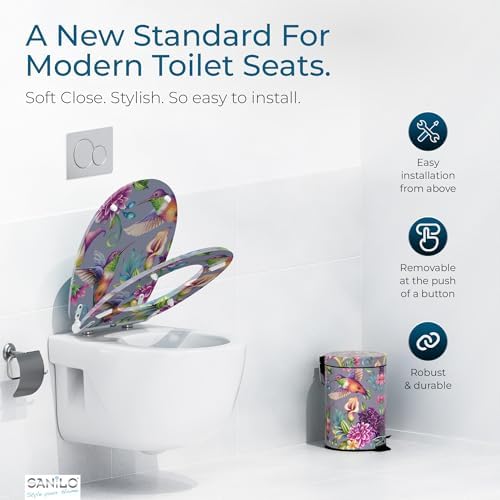 Sanilo Wooden Toilet Seat with Quick Release & Soft Close [ROUND] - Decorative & Slow Close Molded Wood Seat - With One Click for Easy Installation & Cleaning - With Adjustable Fit (Hummingbird)