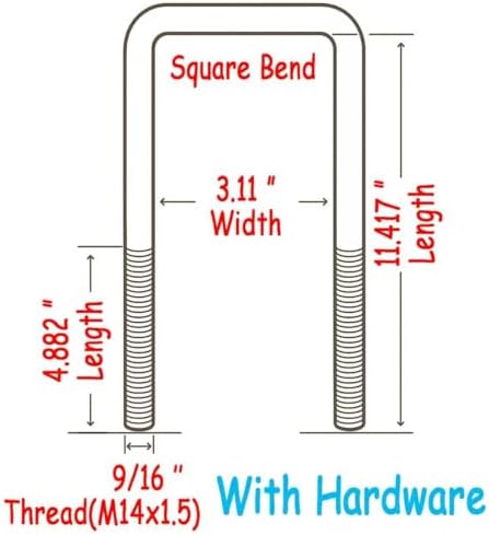 Square U-Bolts M14 x 1.5 Thread, Fits 3" Leaf Springs, Approx. 11.4" Inside Length W/Hardware
