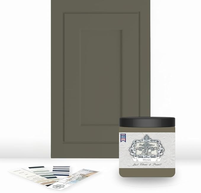 ALL-IN-ONE Paint by Heirloom Traditions, Moss (Earthy Olive Green), 8oz Sample - Durable cabinet and furniture paint. Built in primer and top coat, no sanding needed. Includes our 30 featured color