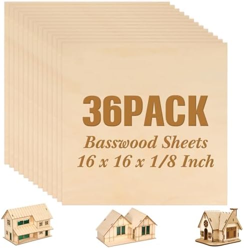 Riakrum Basswood Sheets Plywood Board Unfinished Wood Boards for Crafts for DIY Laser Projects Architectural Mini House Building Hobby Model Making(16 x 16 x 1/8 Inch,36)