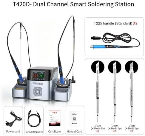 AiXun T420D 200W Dual Channel Smart Soldering Station, 2-in-1 Soldering Iron Kit with 2x T225 Handles & 6x Soldering K-Tips (C030, C080, C150)