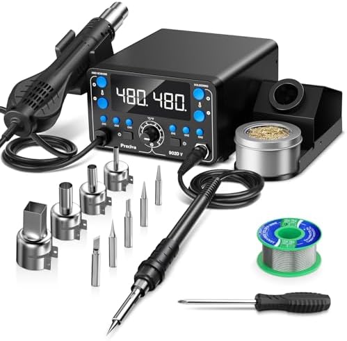 Preciva 902D V Soldering Station 2-in-1 SMD Hot Air Rework Station with LED, Memory Presets, Sleep, Calibration, °C/ºF | Includes Soldering Iron, Hot Air Gun, 5 Tips, 4 Nozzles, Holder, Solder Wire