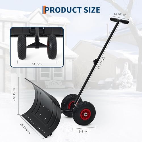 GarveeHome Snow Shovel with Wheels for Driveway, Heavy Duty Push Snow Plow Shovel with Large 29 in x 16.5 in Adjustable Handle, Angled Blade, Efficient Snow Removal for Pavement