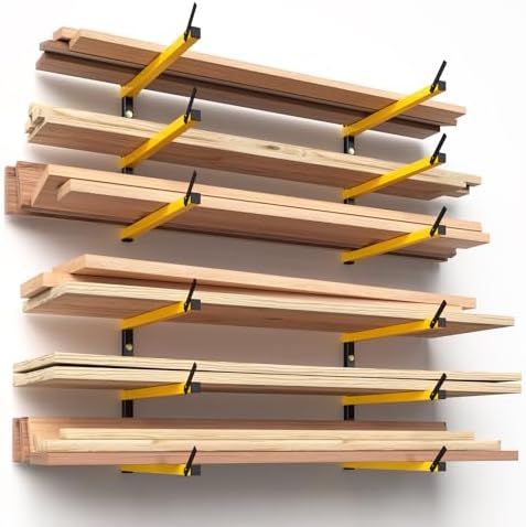 GREENER Lumber Storage Rack Folding Wood Storage Racks Wall-Mounted Metal Racks for Storage with 3-Level Heavy Duty Garage Wood Organizer for Woodworking Shop Indoor & Outdoor Use, 4 pairs,Yellow