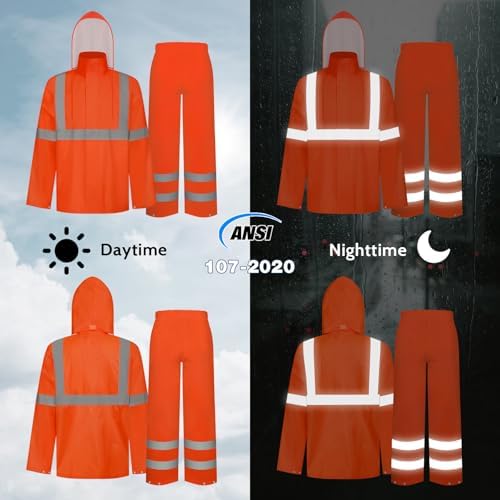 TCCFCCT High Visibility Rain Gear for Men - Waterproof High Vis Jacket & Pants, Class 3 Hi Vis Coat - Rain Suits for Men's Work & Outdoors, 4XL-5XL Orange WP
