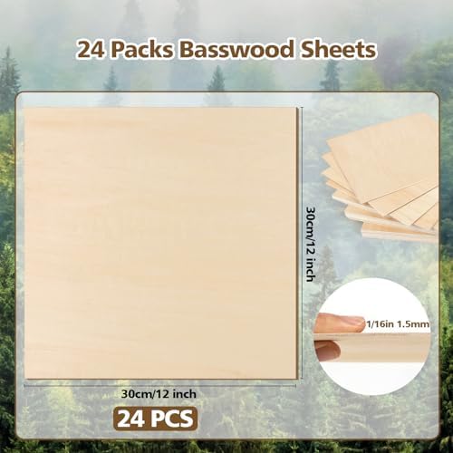 Adrattnay 24Pcs Basswood Sheets 1/16 x 12 x 12 inch - 1.5mm Basswood Sheets