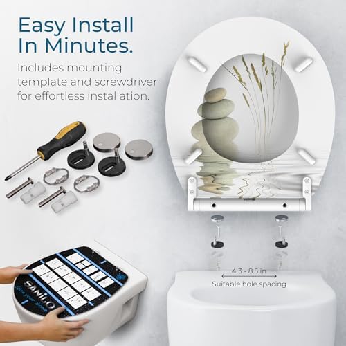 Sanilo Wooden Toilet Seat with Quick Release & Soft Close [ROUND] - Decorative & Slow Close Molded Wood Seat - With One Click for Easy Installation & Cleaning - With Adjustable Fit (Balance)