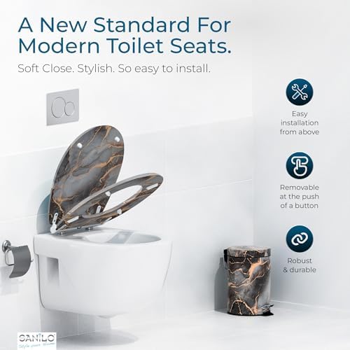 Sanilo Wooden Toilet Seat with Quick Release & Soft Close [ROUND] - Decorative & Slow Close Molded Wood Seat - With One Click for Easy Installation & Cleaning - With Adjustable Fit (Marble Abstract)