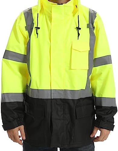 Reflective Rain jackets for men waterproof,Hi Vis Safety Coat With Reflective Strips，High Visibility Class 3 Rain jackets With 2 large pockets，Zipper,Black Bottom Lime,SM/MD