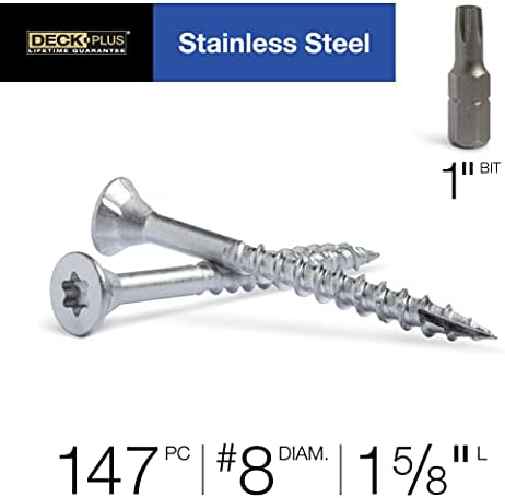 Deck Plus 1-5/8 Inch Epoxy Coated Exterior Wood and Fence Screws #8 x 1-5/8" Torx/Star Drive Included Coarse Thread, Outdoor Rust Resistant Decking Screw, Silver, 1lb Box, 1015 Pieces | 48462