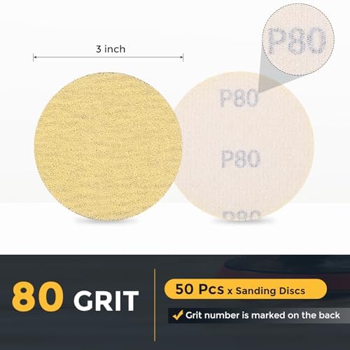 HARFINGTON 50 Pcs 3 Inch Sanding Discs 80 Grit Yellow Aluminum Oxide