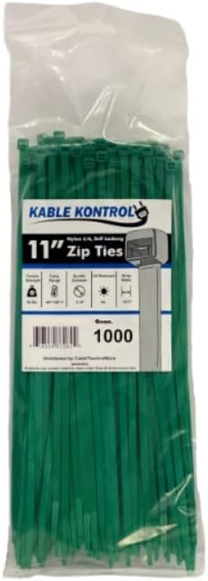 Kable Kontrol Cable Zip Ties, 11 Inch, 1000 Pcs, 50lbs Test, Green | Nylon Plastic, Self Locking, UL Listed, Indoor Use