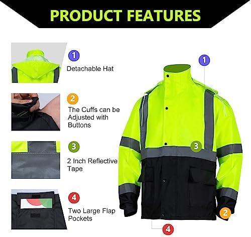 FONIRRA Class 3 High Visibility Rain Suit With Detachable Hood Waterproof Lime Reflective Safety Worker Jacket & Pants (S/M Yellow)