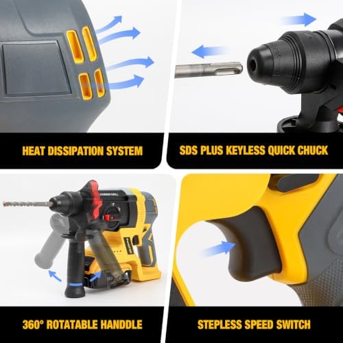 SDS Plus Cordless Rotary Hammer Drill for De-walt 20v Max Battery, Hammer Drill 20v Brushless for Concrete/Masonry/Wood/Metal, Rotomartillo, 4 Functions, 5 Drills with Gloves (Battery Not Included)