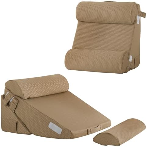 Bedluxe Adjustable 4pcs Bed Wedge Pillow Set, Memory Foam Wedges Pillow Post Surgery for Back, Neck, Leg Pain Relief, Pillows Wedge for Sleeping, Sitting up in Bed, Acid Reflux and GERD, Brown