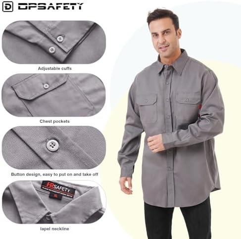 FR Shirt 7oz Fire Resistant Shirts Men's,CAT2 Welding Shirt 100% Cotton Flame Resistant Shirts Gray (Medium)