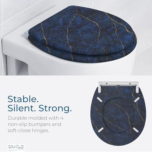 Sanilo Wooden Toilet Seat with Quick Release & Soft Close [ROUND] - Decorative & Slow Close Molded Wood Seat - With One Click for Easy Installation & Cleaning - With Adjustable Fit (Marble Darkblue)
