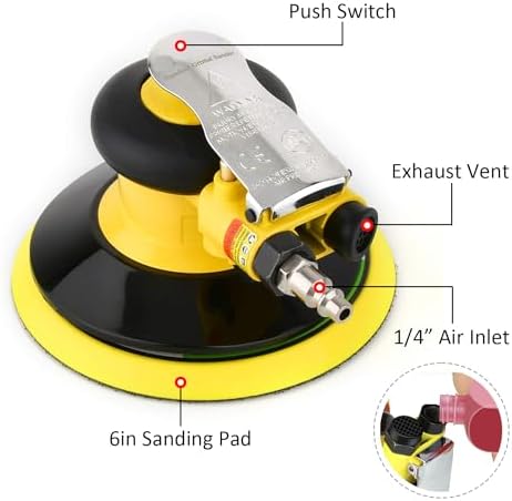 Professional Air Random Orbital Palm Sander, Dual Action Pneumatic Sander, Low Vibration, Heavy Duty … (6-inch Yellow)